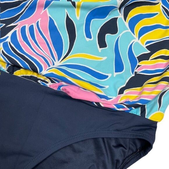 Anne Cole Estilo Strapless Blouson One Piece Swimsuit Blue Tropical Print Size 8 - Picture 3 of 13